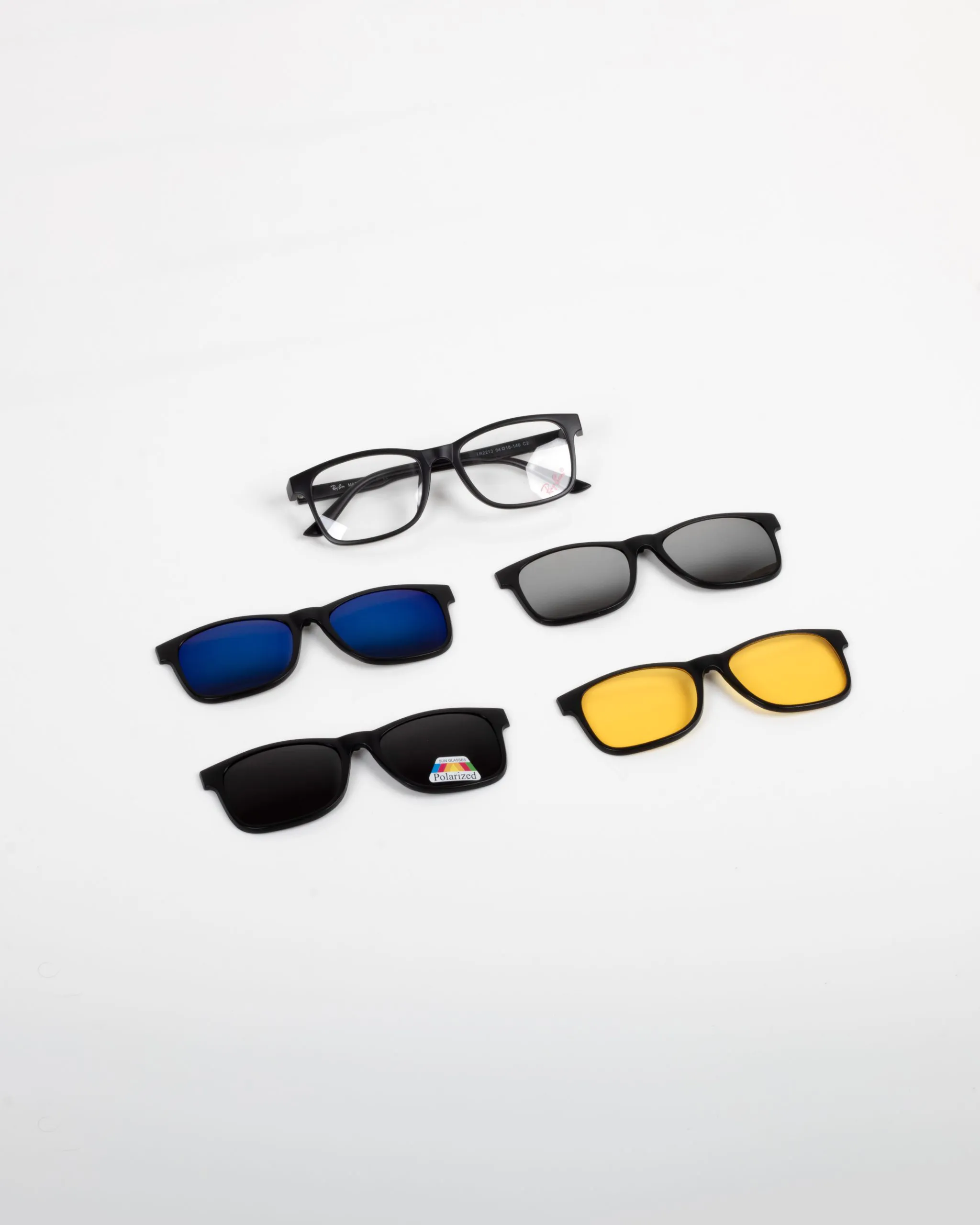 عینک طبی چهار کاور ریبن مشکی مدل 2213 - Rayban 1 عینک طبی آفتابی آهنربایی کاوردار چند کاره دید در شب جیوه ای پلاریزه آبی زرد